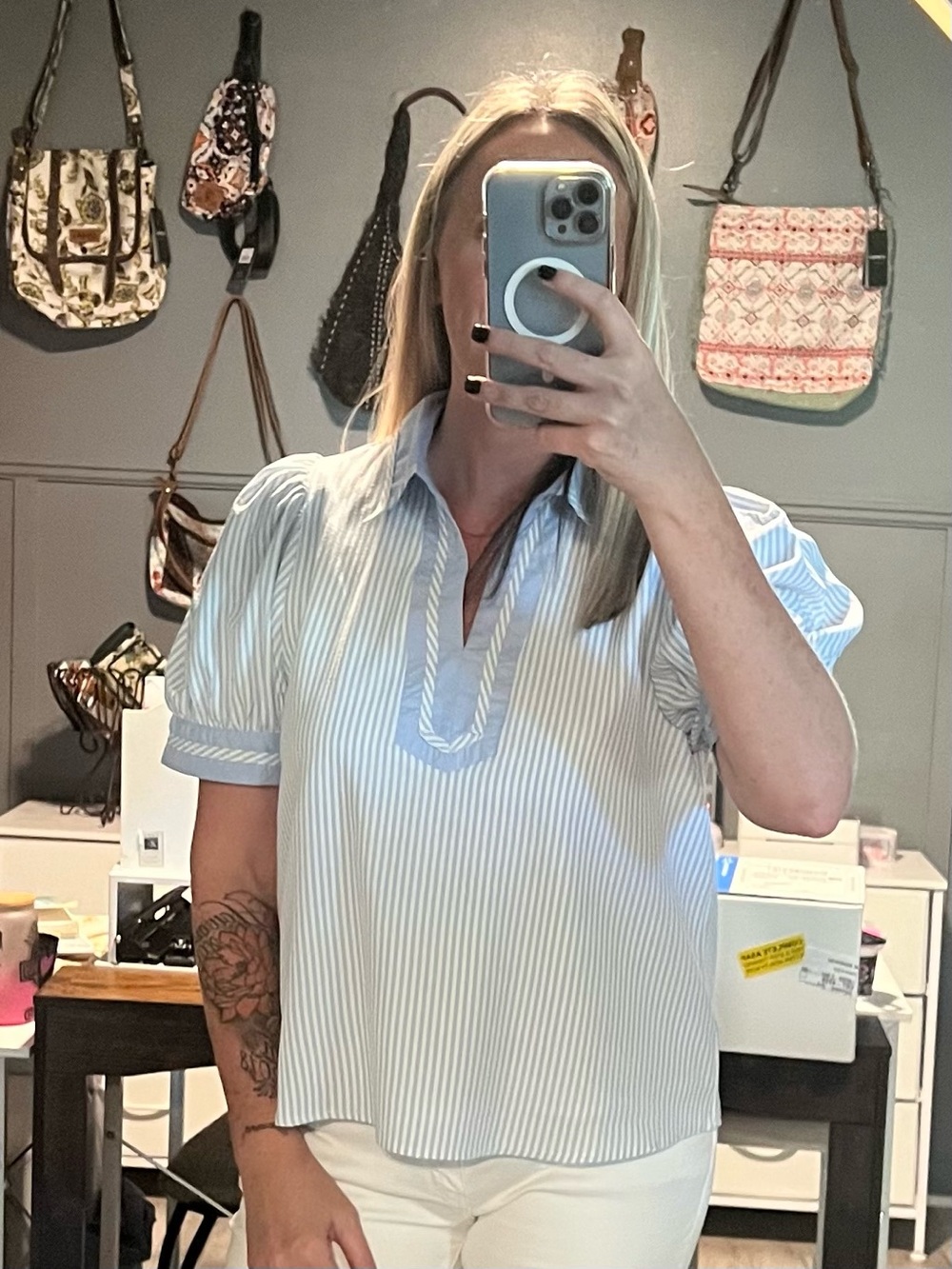 Light Blue Striped Puff Sleeve Top by &merci